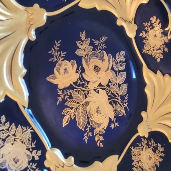 Vintage Jetta Cobalt Blue Gold Leaf Round Platter Bowl w/stand WEIMAR PORCELAIN - Picture 7 of 11